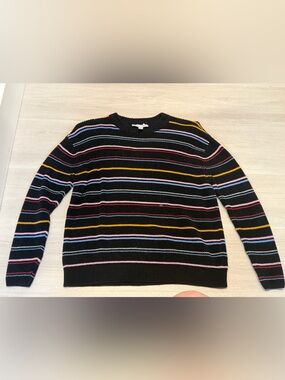 POPSUGAR Black Crewneck Sweater with Pink, Blue, Yellow & Red Stripes